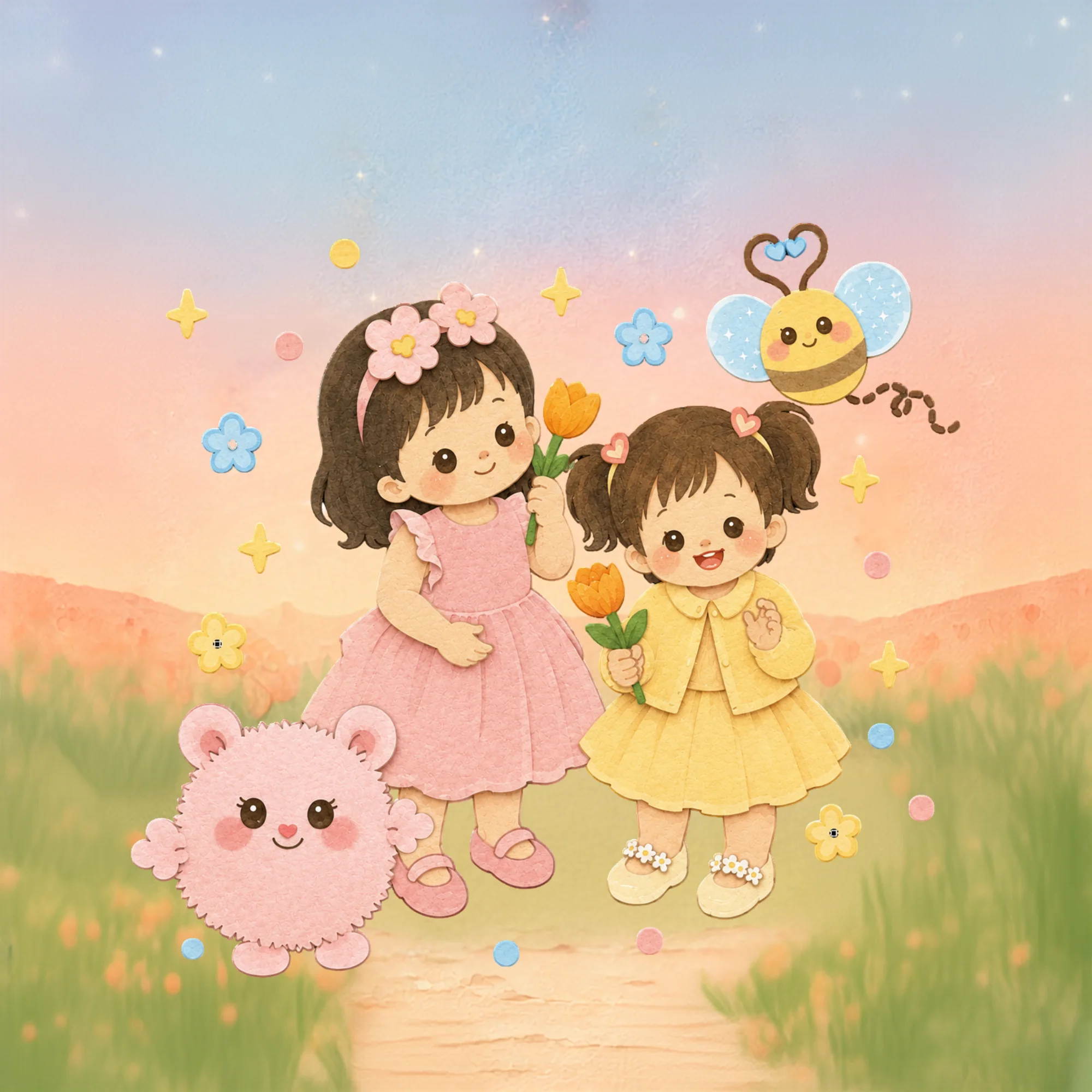 Maddie holding a tulip, standing beside Nimmy and Bee, in paper cutout style