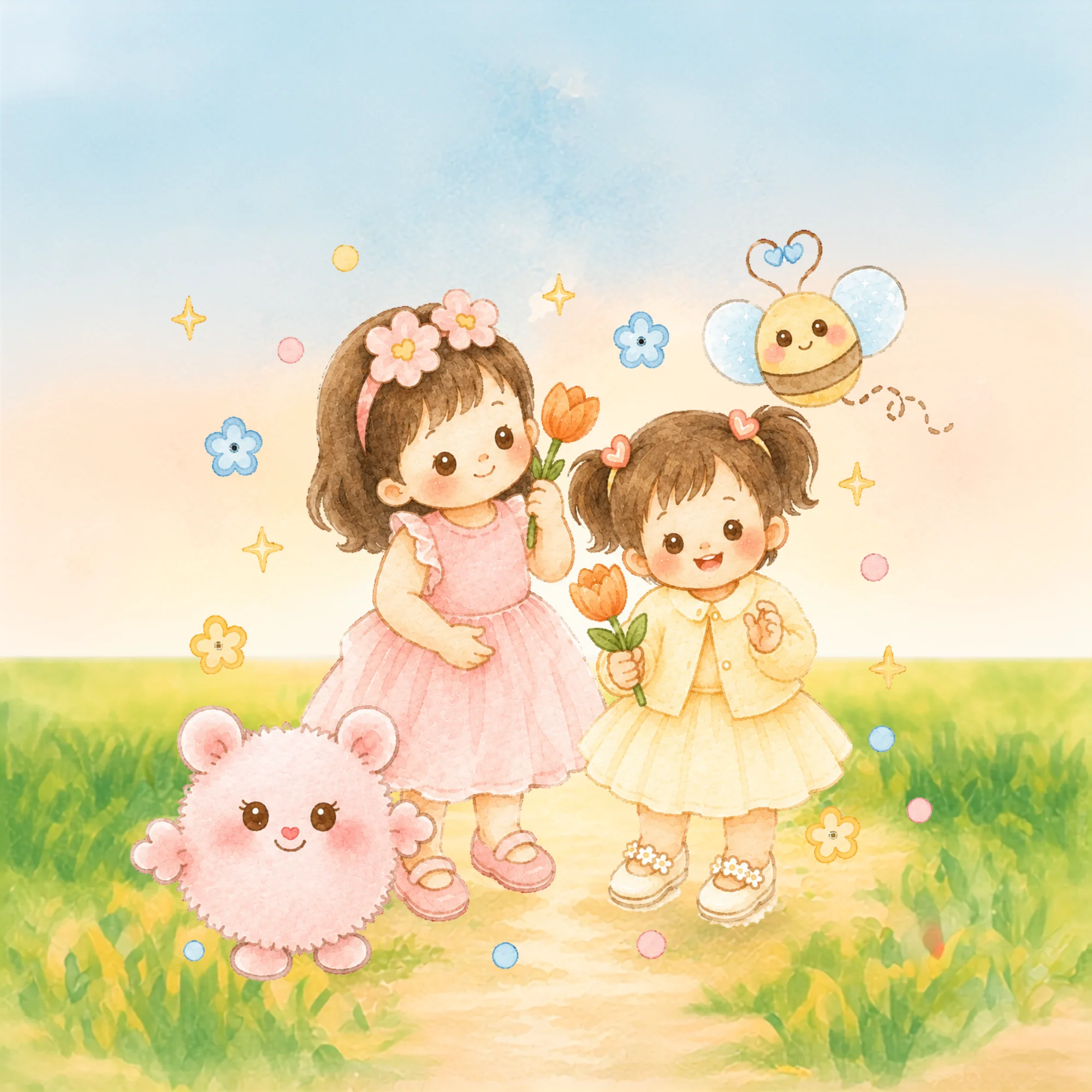 Maddie holding a tulip, standing beside Nimmy and Bee