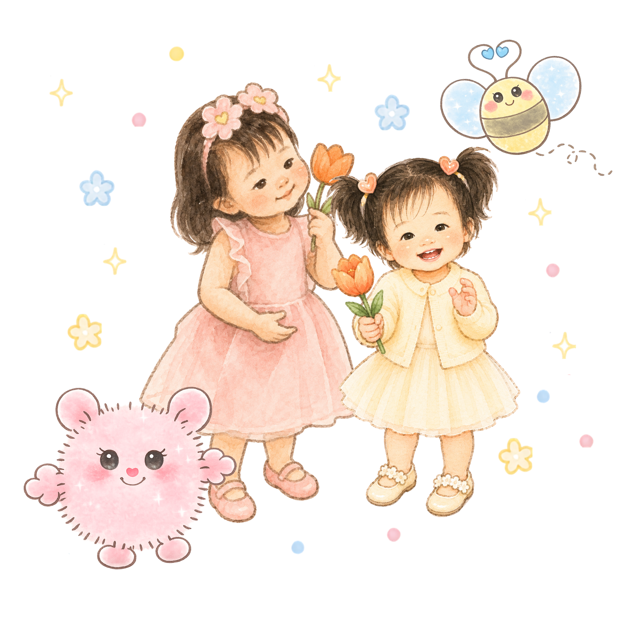 Maddie holding a Tulip, standing beside Nimmy and Bee