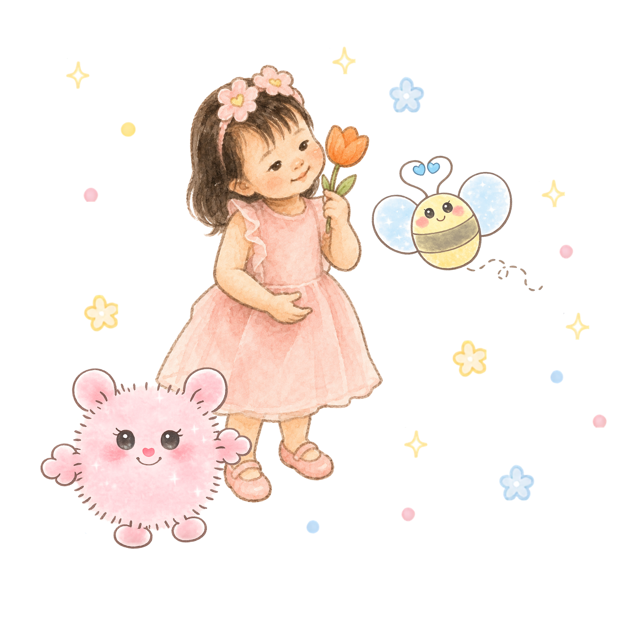 Maddie with Nimmy and Bee, holding a tulip