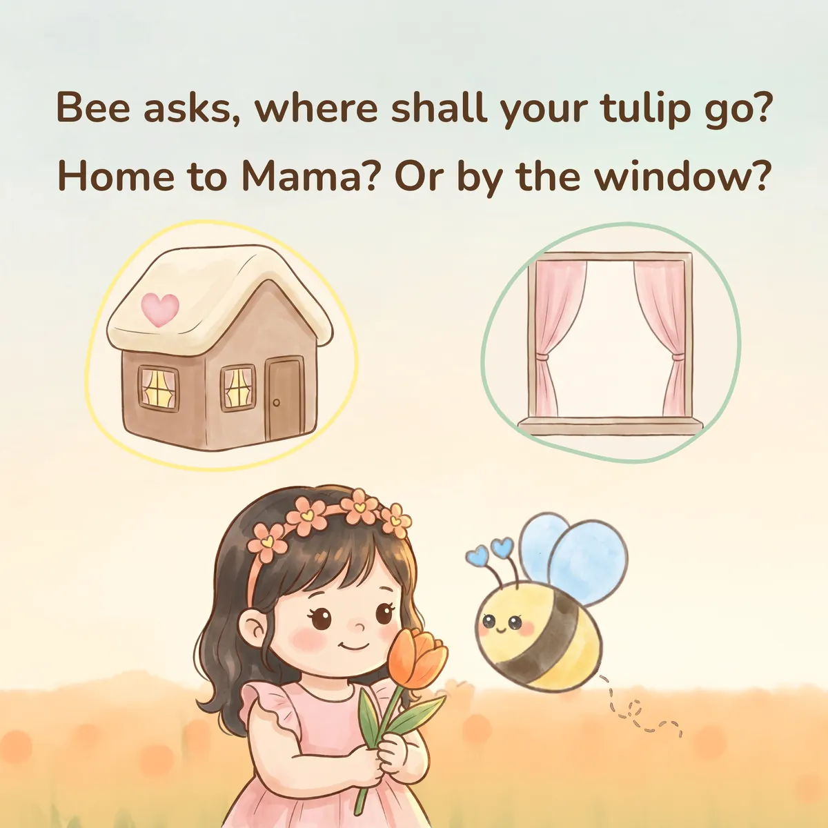 Sample chapter, page 7: Bee asks where the tulip should go, home or by the window